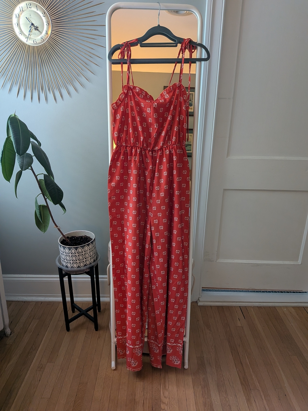 Burnt Orange Paisley Printed Women’s Jumpsuit with Tie Straps